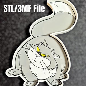 May include: A cartoon-style illustration of a grumpy gray cat with yellow eyes and a white outline. The cat has a large, fluffy tail and is labeled "STL/3MF File" in white text.