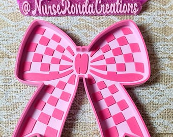 Pink Checkered Bow Tray, Cute Organizer,  Coquette Decor, Gift, Trinket, Vanity Tray, Crafter Gift