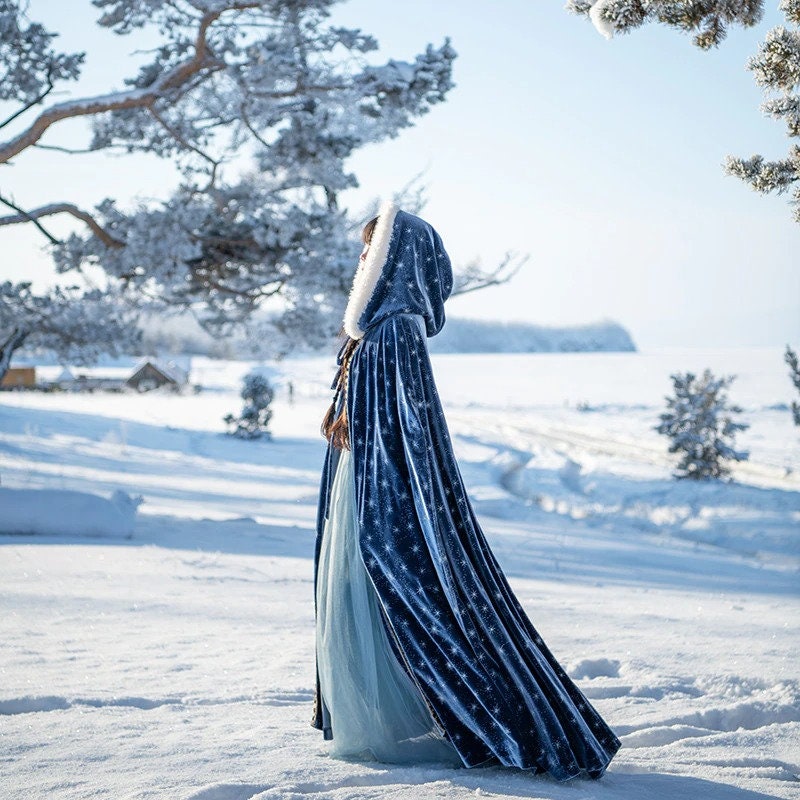 Women Winter Cloak Hood Capes Vintage Magic Blue Velvet Etsy
