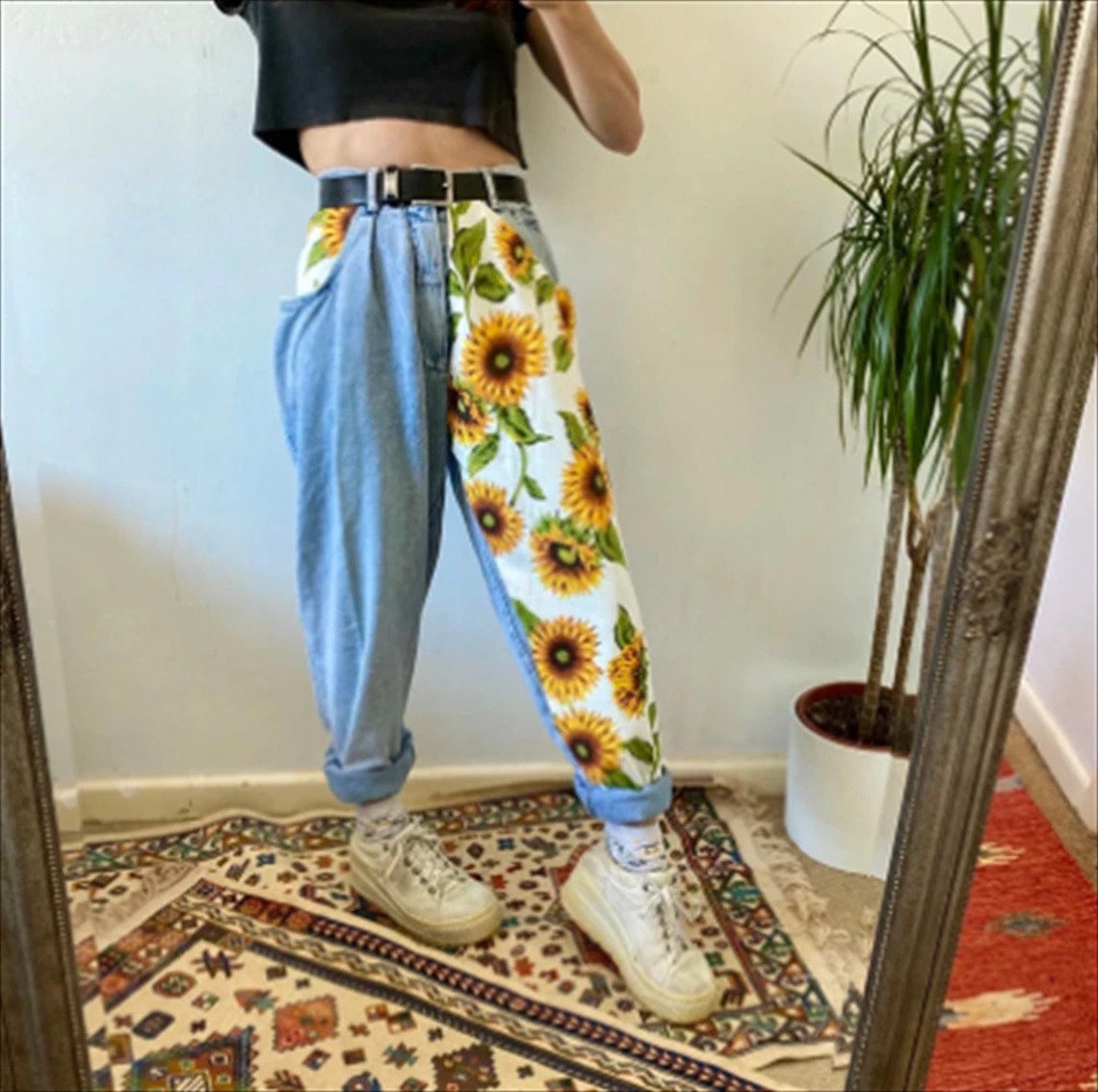 Cottagecore Flower Design Pants Retro Green Trousers Y2k Etsy