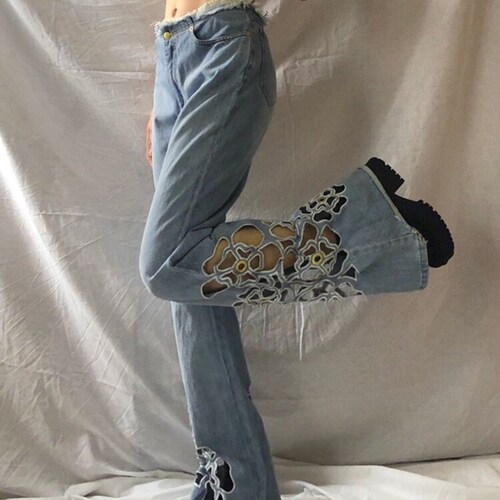 Y2k Fairycore Floral Hollowed Out Flare Jeans Women Ripped - Etsy