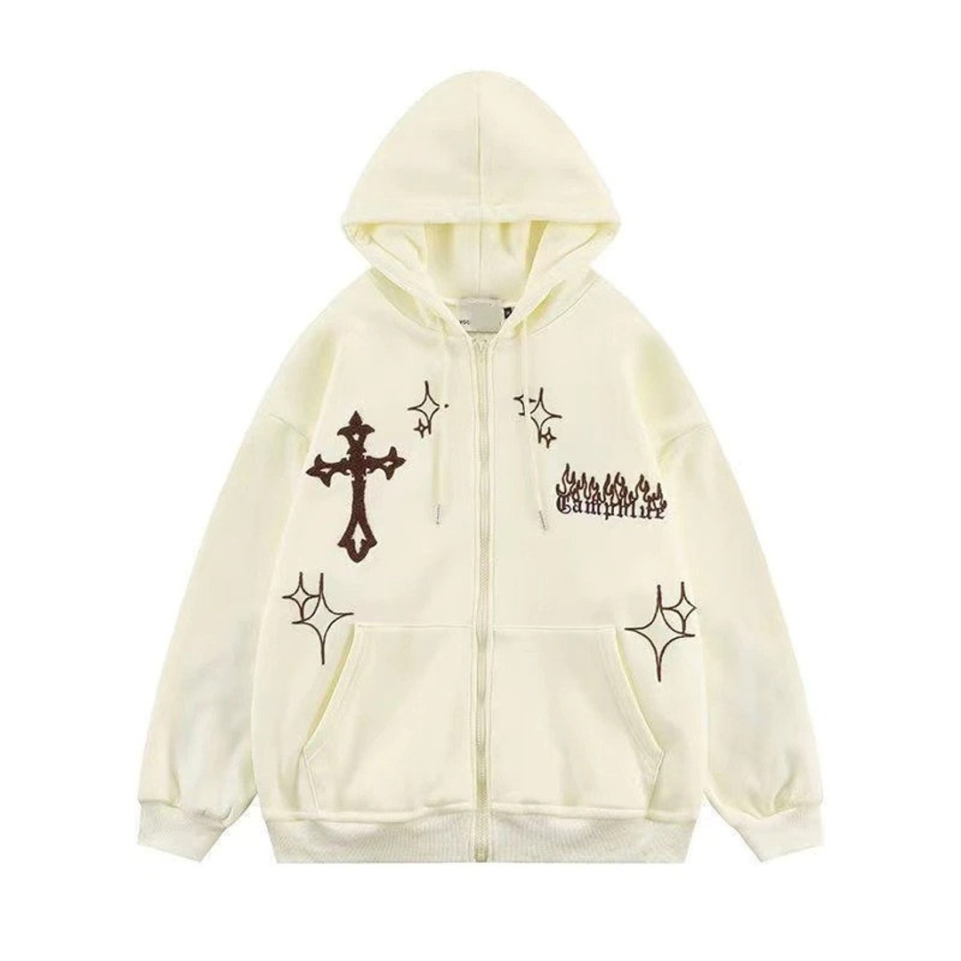 Y2K Pullover Hip Hop Flame Embroidered Harajuku Cross Hoodie - Etsy