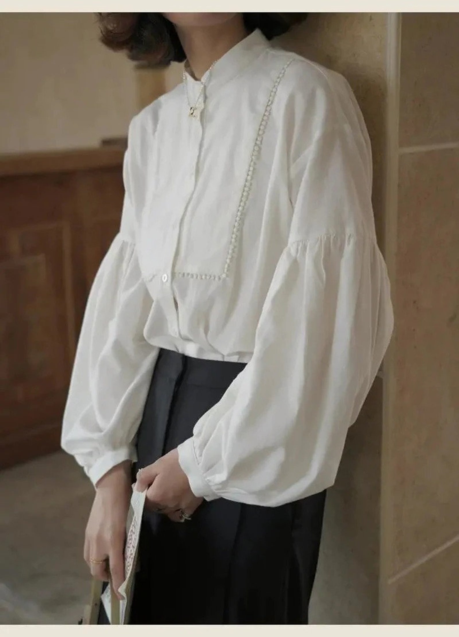 White Lantern Sleeve Blouse Cotton Satin Shirt Lantern Sleeve Etsy