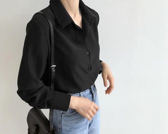 Camisa negra de mujer blusa de oficina camisa elástica de Etsy España
