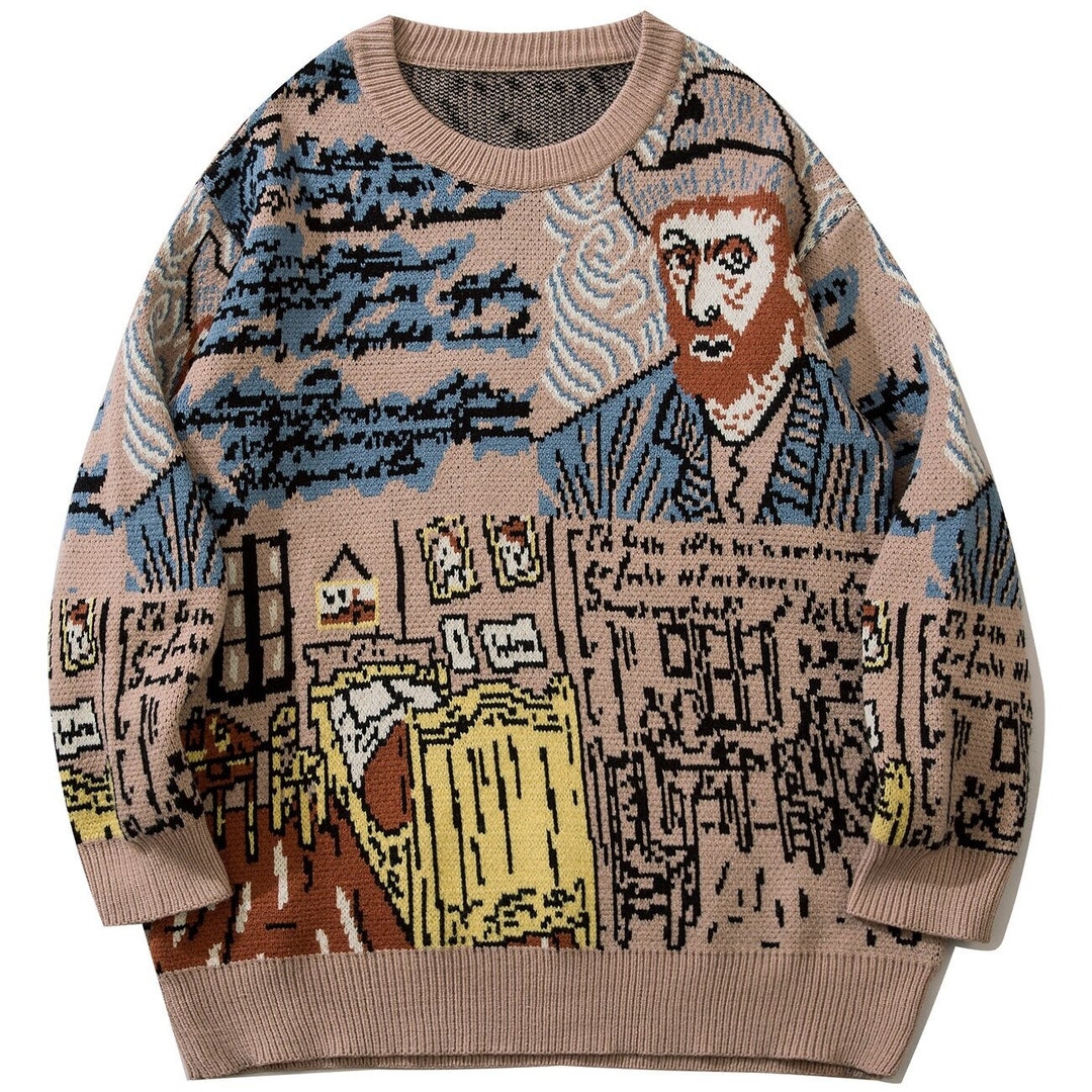 Harajuku Van Gogh Oil Painting Knitted Sweater Autumn Winter - Etsy