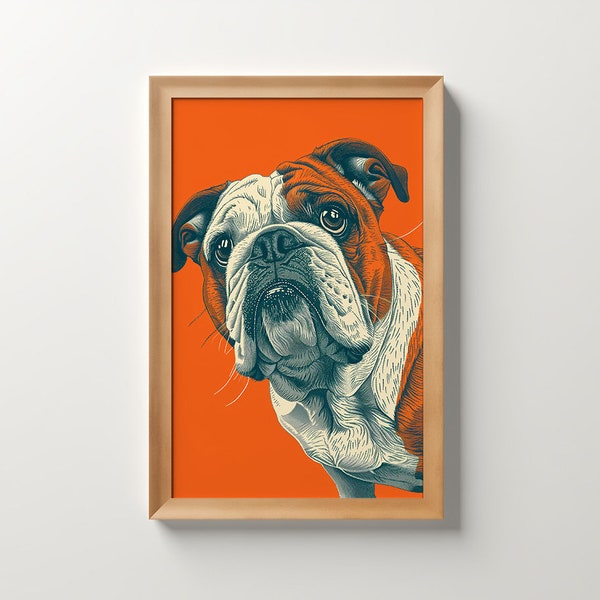 British Bulldog Pet Portrait, Minimalist stipple style Illustration, Vivid Orange, blue, Wall Art, Digital Download