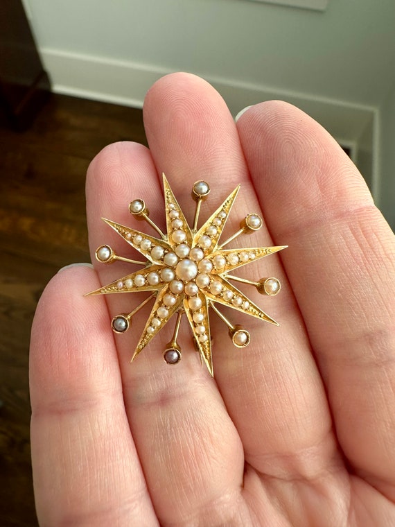 Antique Edwardian 18k Gold and Pearl Star Brooch … - image 4