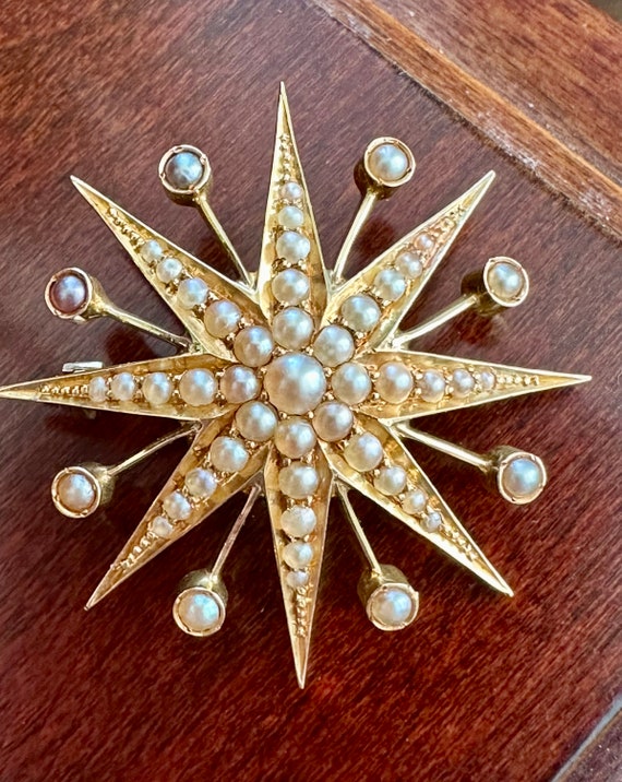 Antique Edwardian 18k Gold and Pearl Star Brooch … - image 2