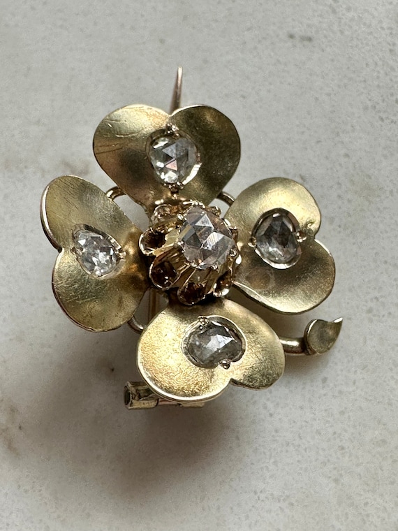Antique Rose Cut Diamond Clover Brooch 18ct Yello… - image 3