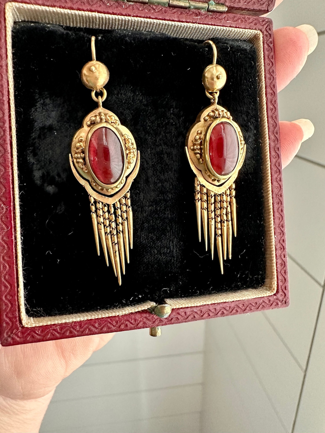 Antique Cabochon and Foxtail Fringe Tassel Earrings Etsy