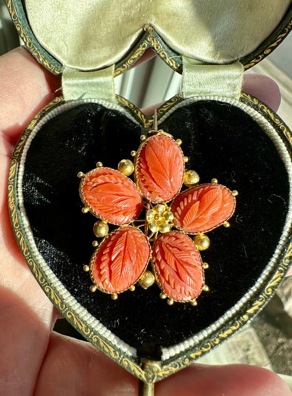 Antique 22K Gold and Carved Coral Pansy Brooch