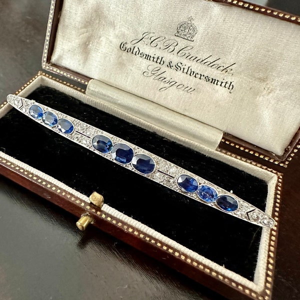 Antique Sapphire (4.5ctw) and Old Cut Diamond (1.2ctw) Bar Brooch in Platinum and Gold