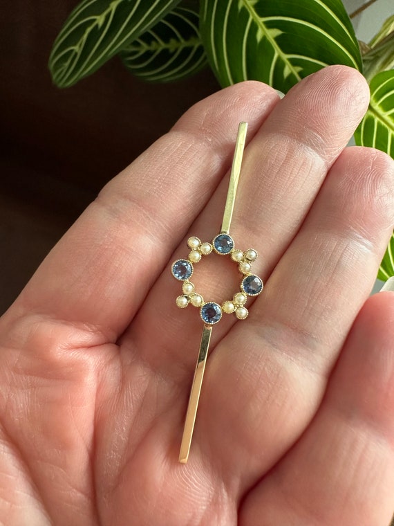 Antique 15ct Gold Sapphire and Seed Pearl Bar Pen… - image 6