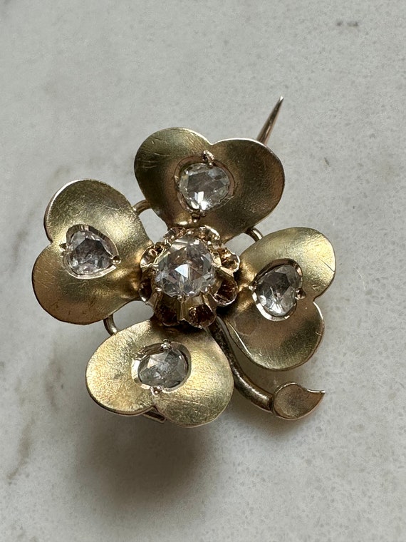 Antique Rose Cut Diamond Clover Brooch 18ct Yello… - image 2