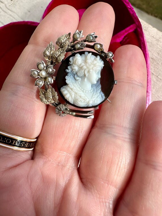 Antique Sardonyx Cameo, with Pearls, Silver and G… - image 6