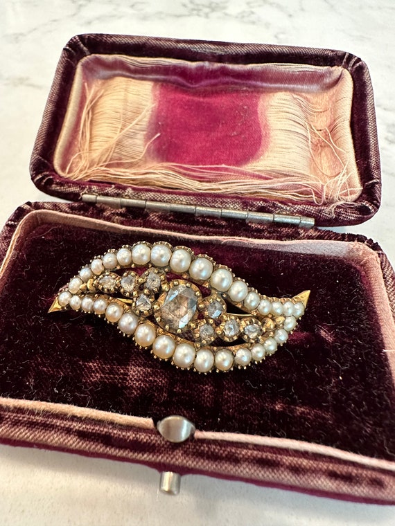Antique Georgian Pearl, Rose Cut Diamond, and 14c… - image 1