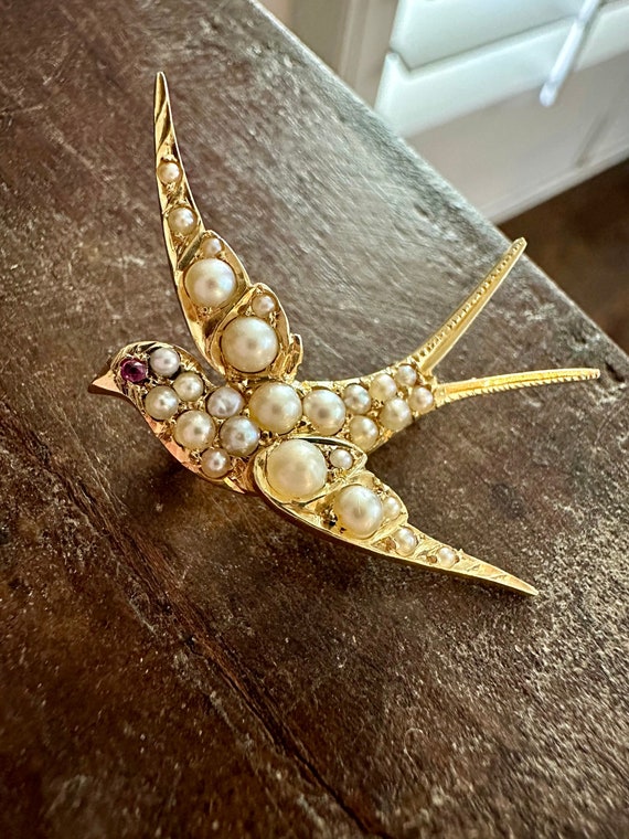 Antique Edwardian 22K Gold, Pearl, and Ruby Swallo