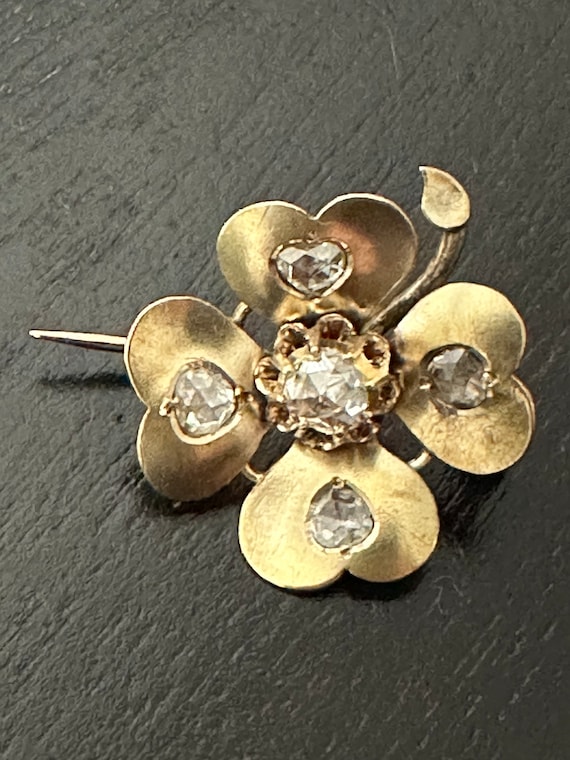 Antique Rose Cut Diamond Clover Brooch 18ct Yello… - image 1
