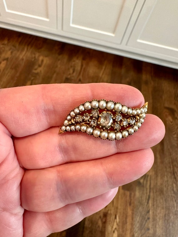 Antique Georgian Pearl, Rose Cut Diamond, and 14c… - image 3