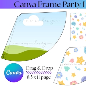 Könnte beinhalten: Eine Canva Frame Party Hat Vorlage mit blauem, grünem und weißem Design. Die Vorlage enthält eine Partyhutform mit Landschaftshintergrund und einem Muster aus Muscheln und Sternen. Der Text "Drag & Drop" und "8,5 x 11 Seite" sind ebenfalls sichtbar.