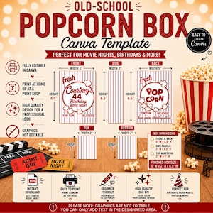 May include: A digital template for an old-school popcorn box featuring red and white stripes. The layout includes front, back, side, top, and bottom panels with dimensions labelled in inches, such as 5 inches wide by 6.5 inches high for the front.