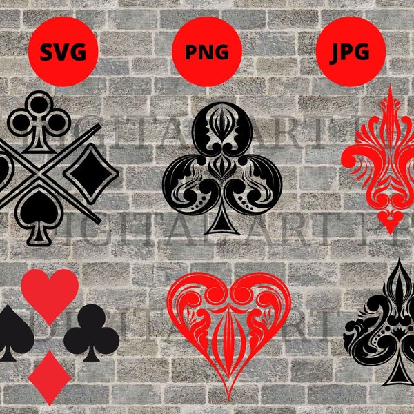 Playing cards suit symbols - diamonds, clubs, hearts and spades. Cut files for Cricut. Clip Art silhouettes (svg, png,jpeg).
