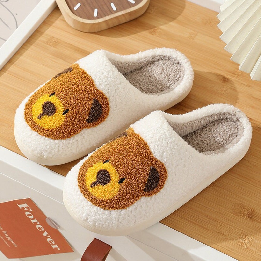 Teddy Bear Slippers | Smiley Face Slippers Fluffy Cushion Slides Cute Womens Comfortable Smile | Bear Slippers
