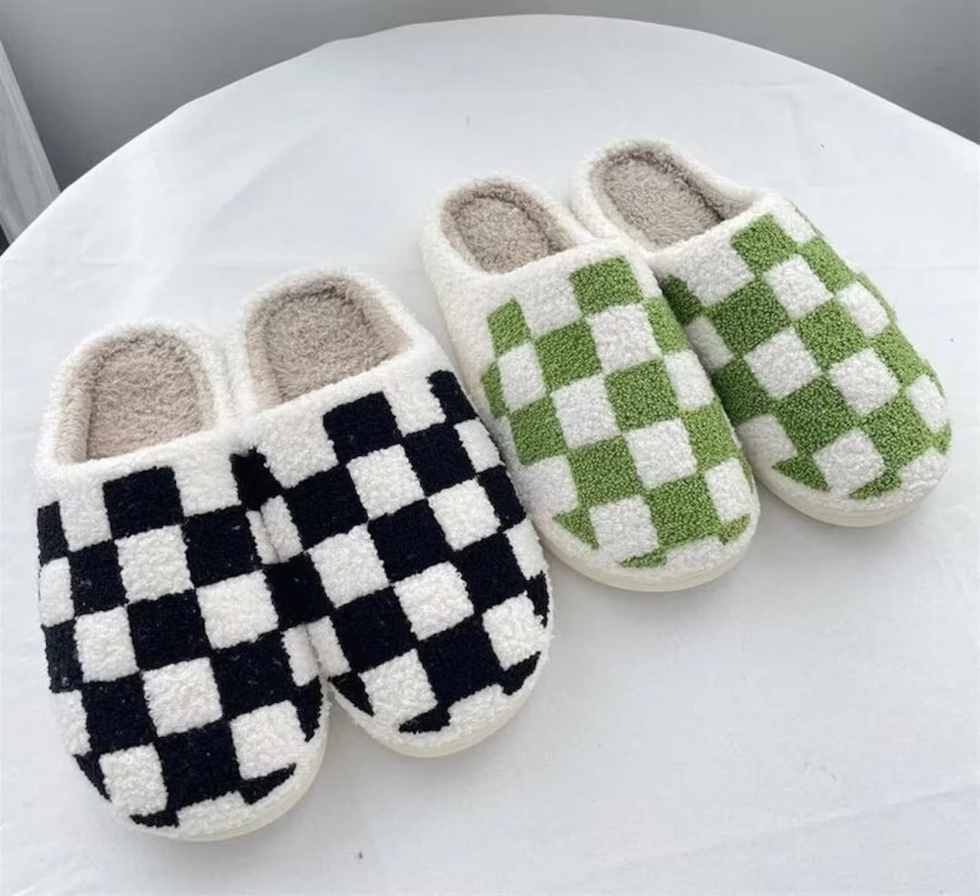 Checker Slippers Fluffy House Slipper Retro Checkered Etsy
