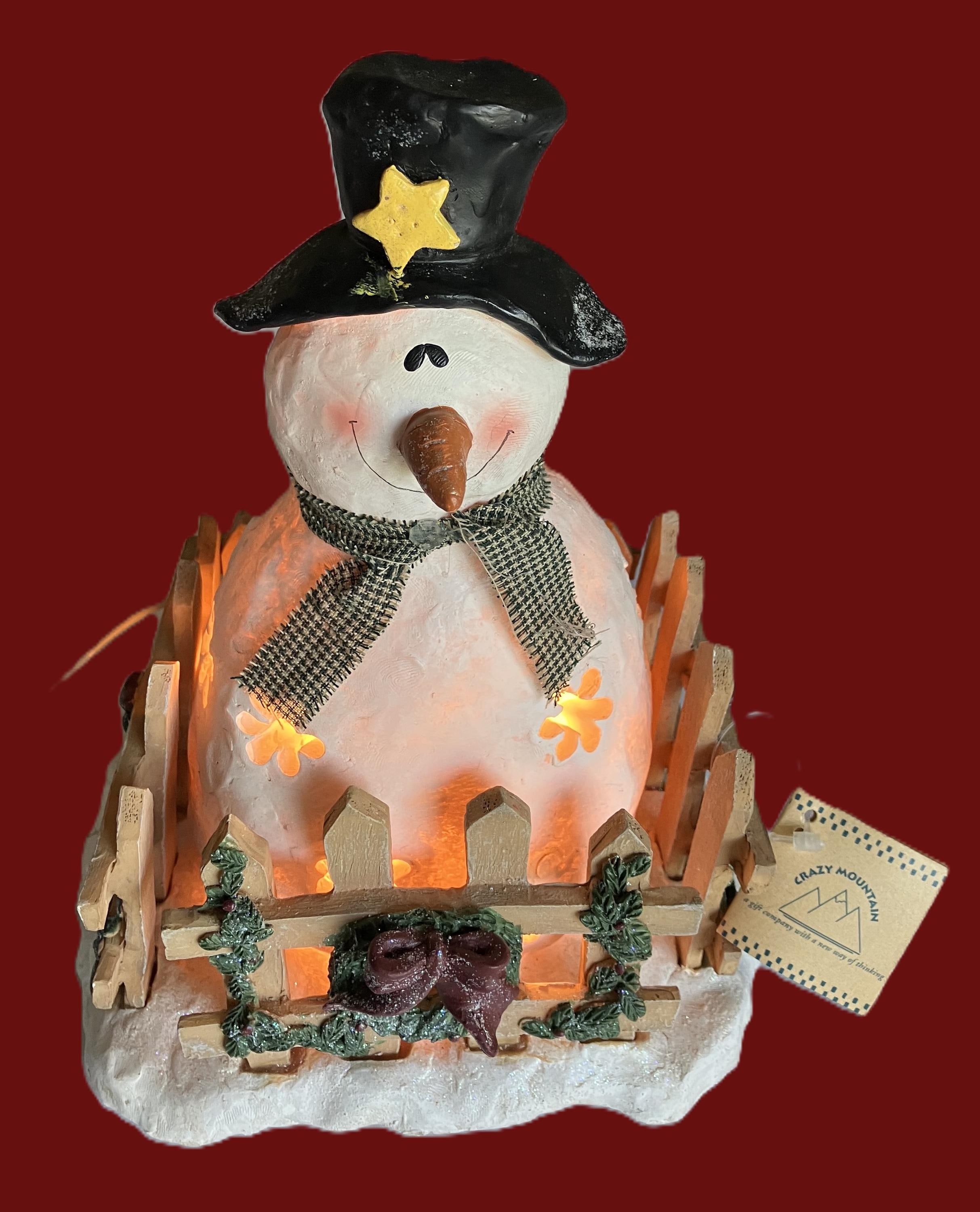 Vintage CRAZY MOUNTAIN Lighted Snowman Christmas Resin Figurine by