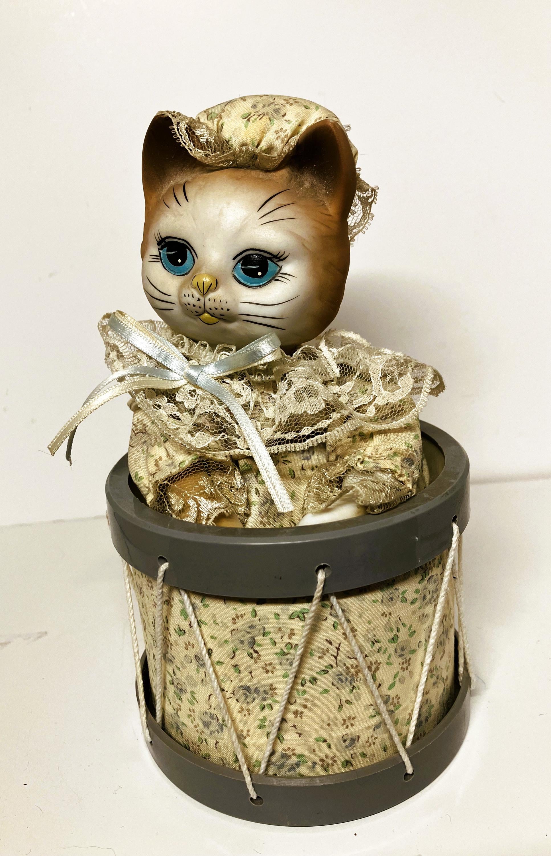 Vintage Porcelain Cat Figurine in Drum Music Box Animated Movement Plays  “Memories” from Cats