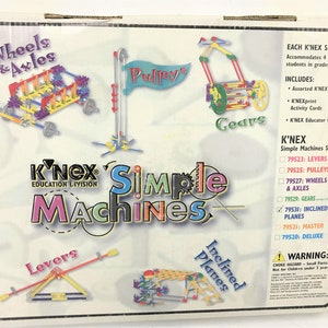May include: A box for a K'NEX Simple Machines set. The box shows different models of simple machines, including levers, pulleys, wheels and axles, gears, and inclined planes. The box includes the text "K'NEX Simple Machines" and "Each K'NEX set accommodates 4 to 40 students in grades 1-6+."