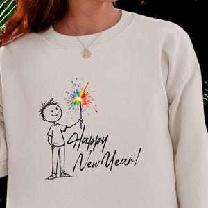 Happy New Year Sweatshirt, Cute Boy Sparkler Doodle, Minimalist New Years Eve Pullover, Colorful Fireworks Graphic, Cozy Holiday Sweatshirt