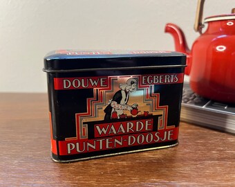 Vintage Art Deco Douwe Egberts "Value Points" Storage Tin | 1980s Art-deco Motif in Black, Red, and Gold | Hinged Lid