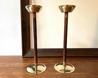 Vintage MCM Wood & Brass Candle Holders | Tea Light Pedestal Home Decor | Minimalist Modern Retro Mantle Centerpiece Lamp | Walnut Set of 2