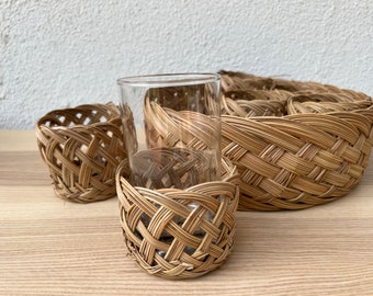 Vintage Large Woven Basket with Woven Cup Holders Set