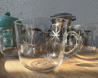Vintage Set of 4 Atomic Star Dust Cut Glass Cups by CG Quartzex Crystal | MCM Retro Space Age Starburst Drinkware | Starry Galaxy Tea Party