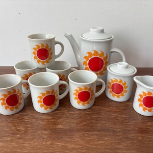 Vintage Japan Sun Tea Coffee Set | MCM Red Orange Hot Dot Space Age Modern 1970s Funk | 9pc Small Porcelain 6 Cups Teapot Creamer Sugar Bow