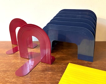 Vintage Eldon Rainbow Arch Red Metal Bookends & Blue Plastic Letter File Step Sorter | Space Age Modern Art Deco Style Office Desk Organizer