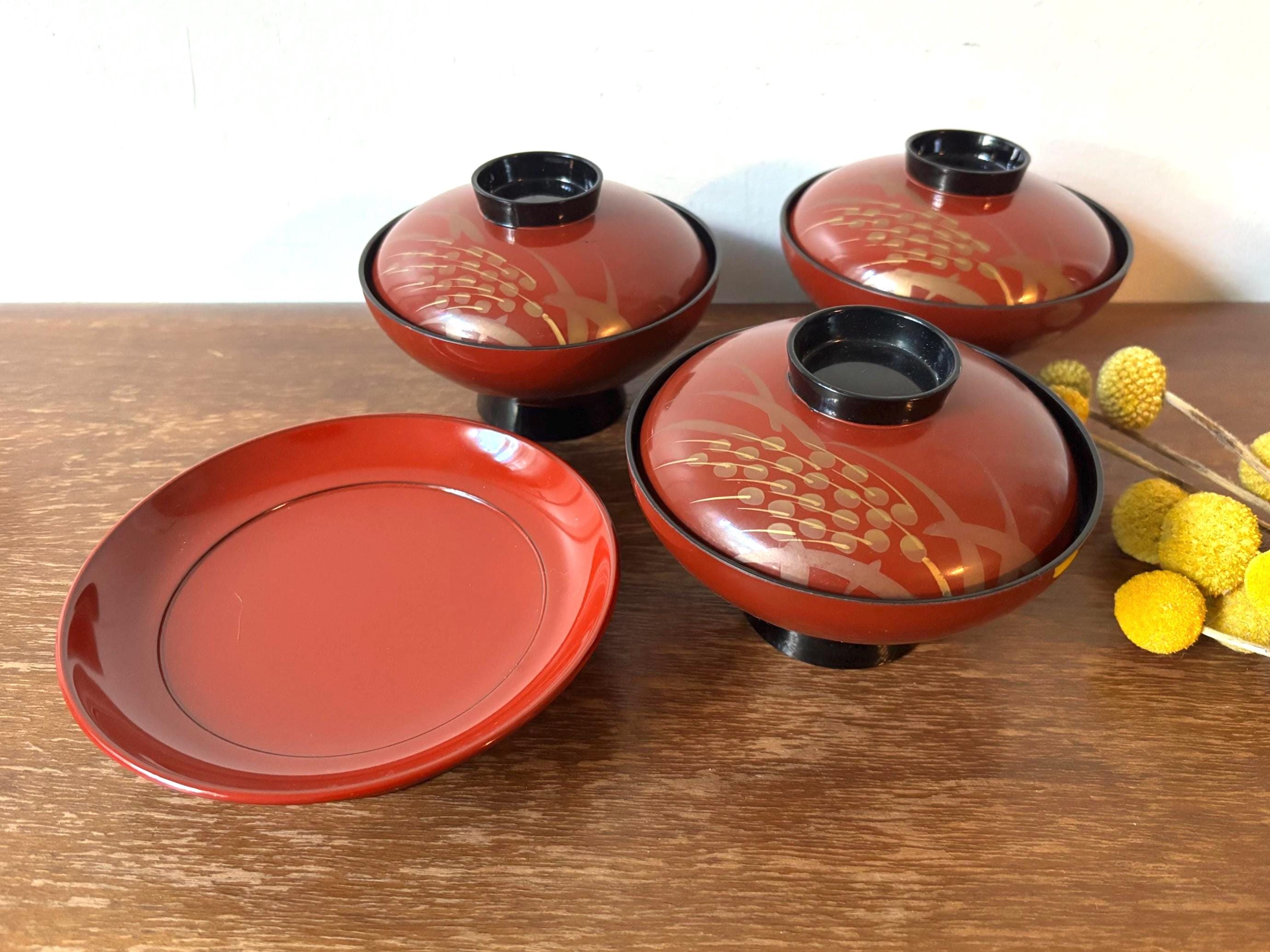 長門　オーダー Vintage Japanese Red Black Lacquer Painted Gold Wheat Floral