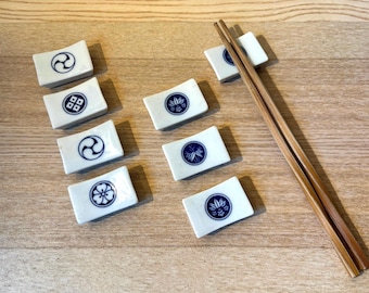 Vintage Japanese Blue Mon Hashioki | White Ceramic Chopstick Rest Holder Tiles | Bamboo & Emblem | Asian Dining Table Set Up | Each Set of 4