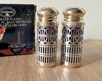 Vintage 80s Paul Revere Silversmiths Silver Plated Salt & Pepper Set Cobalt Blue Glass Liner | Filigree Case | Original Box | 2 Shakers Set