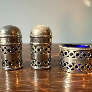 Vintage Apex Silver-plated and Cobalt Blue Glass Salt & Pepper Shaker with Salt Cellar | Kitchen Table Spice | Made in England | Set of 3 pc