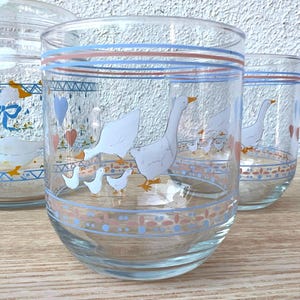 Vintage Luminarc Hearts & Geese Rock Tumbler Glass Cup | MCM Farmhouse Cottage Country Goose Gosling Blue Pink Ribbon Retro Love | Set of 2