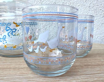 Vintage Luminarc Hearts & Geese Rock Tumbler Glass Cup | MCM Farmhouse Cottage Country Goose Gosling Blue Pink Ribbon Retro Love | Set of 2