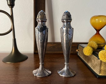 Vintage Silver Plated Salt and Pepper Shakers w/ Etched Engraved "M" Monogram | Art Nouveau Style