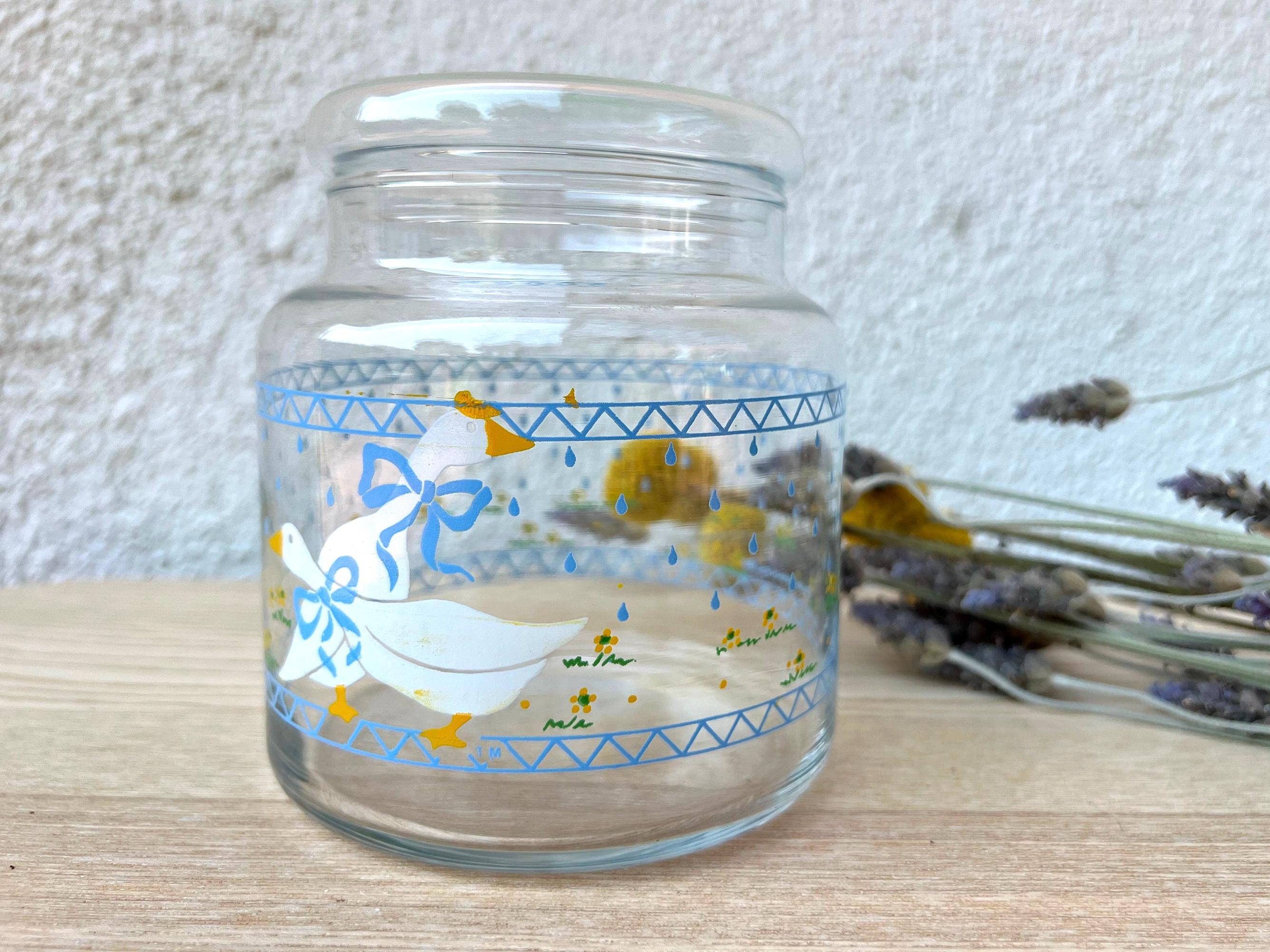 Vintage Anchor Hocking 1980s Geese Glass Jar | Country Goose Blue Ribbon and Flowers Water Droplet Pattern | MCM Kitchen Storage Container
