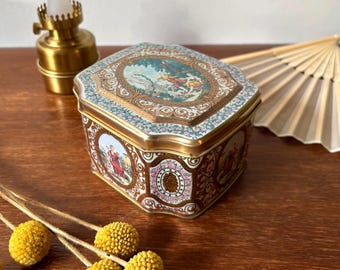 Vintage Meister Tin Can | Victorian Gilded Meister Octagonal Tin | Cupid Cherubs in Garden with Ladies and Gentlemen | 8-sided Decor Box