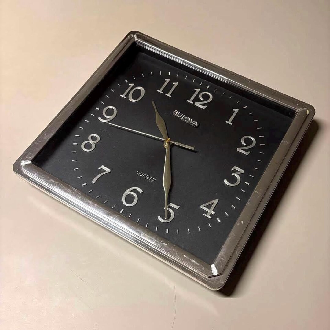Vintage Bulova Quartz Black Square Analog Wall Clock FOR REPAIR