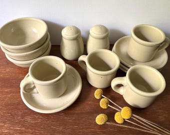 Vintage Trend Pacific Galaxy Wheatstone | 4 Cup Saucer Set | 3 Fruit Dessert Bowl | Salt Pepper Shakers | Speckled Cream Stoneware | Japan