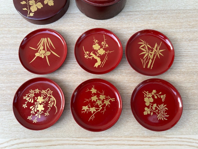 Vintage Japanese Otagiri Red Gold Chrysanthemum Urushi Coaster Etsy